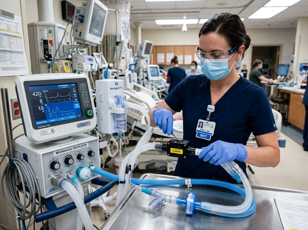 Registered respiratory therapist assembling and calibrating mechanical ventilator circuits and aerosol delivery equipment.