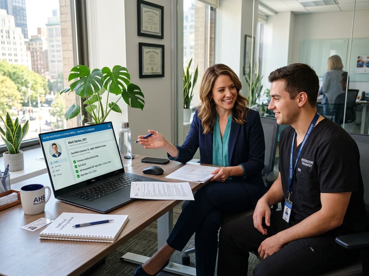 Respiratory therapy candidate and healthcare staffing specialist reviewing contracts and travel assignments on a laptop.