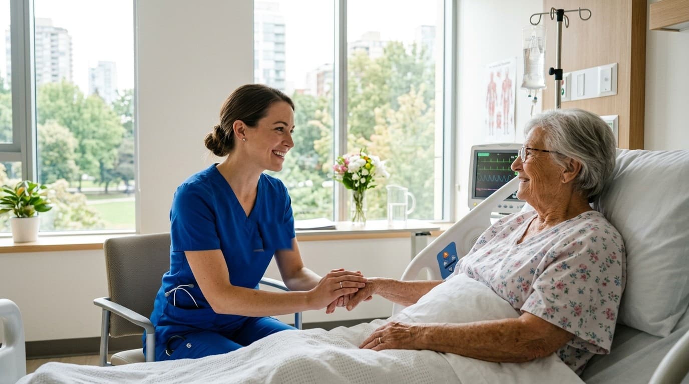 Healthcare clinician providing bedside communication and swallowing care for an adult patient in a hospital room.