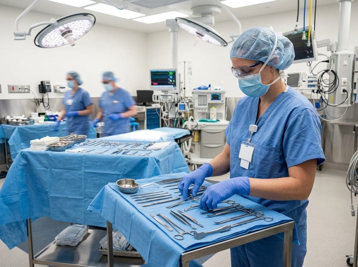 Professional surgical technologist in sterile scrubs preparing precision surgical instruments in an operating room suite.