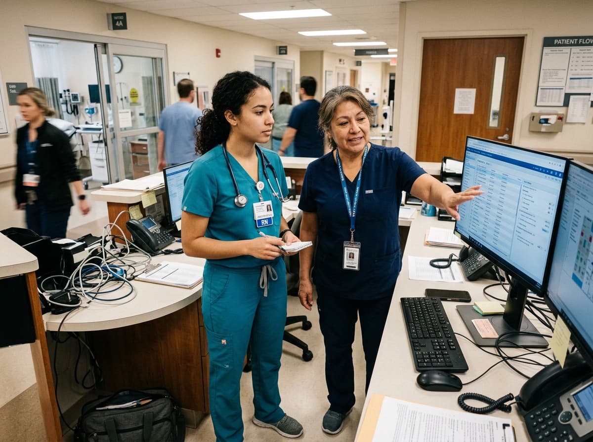 Travel nurse orienting at a hospital nurse station with an experienced charge nurse.