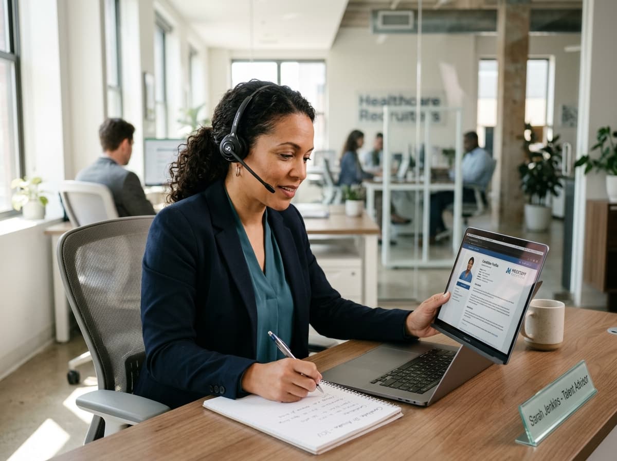 Dedicated healthcare recruiter answering travel nurse questions about assignments and contracts by phone.