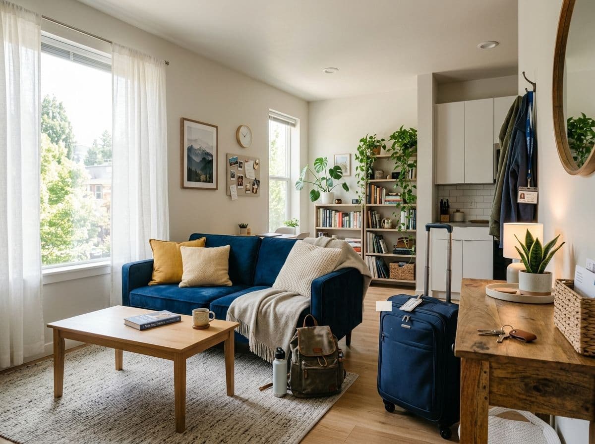 Furnished extended-stay apartment with travel luggage and room keys for a travel nurse.