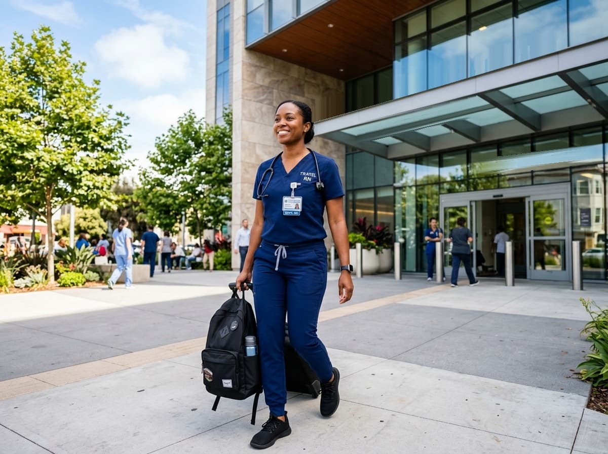 Travel registered nurse arriving in medical scrubs with luggage at a modern healthcare medical center entrance.