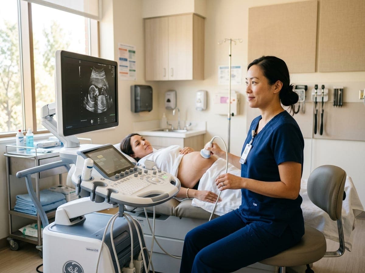 Certified ultrasound technologist operating a modern diagnostic ultrasound scanner in an exam room.