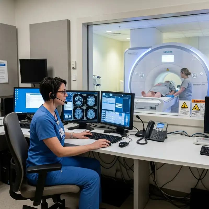 Travel MRI technologist operating scanner at a New York hospital