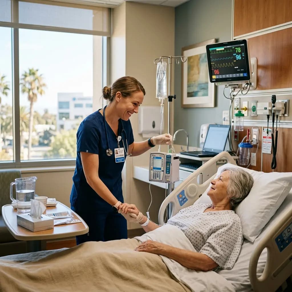 Travel registered nurse providing bedside care at a California hospital