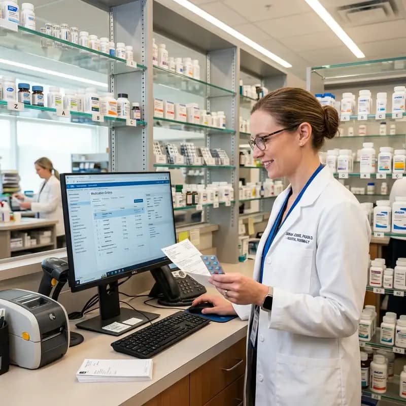 Travel pharmacist reviewing medications in a California hospital pharmacy