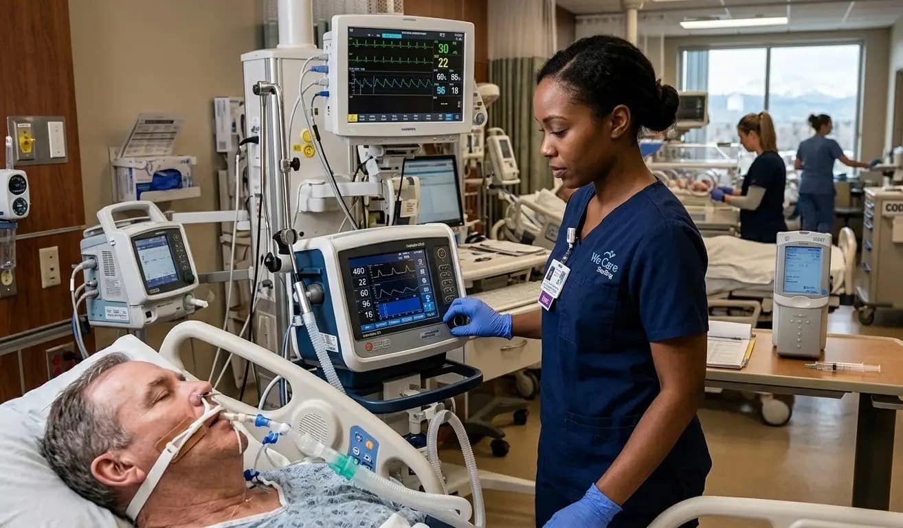 Travel respiratory therapist managing ventilator at a Colorado hospital