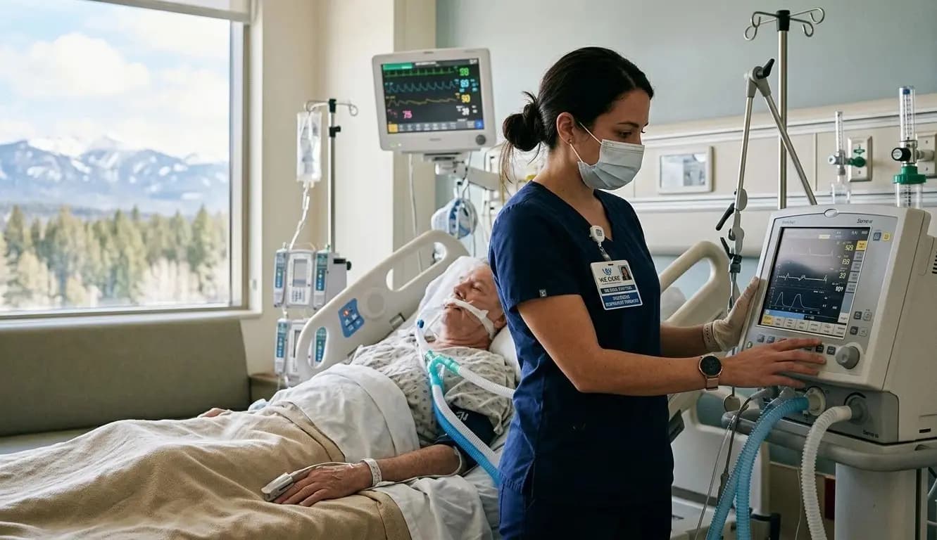 Travel respiratory therapist managing ventilator at a Montana hospital