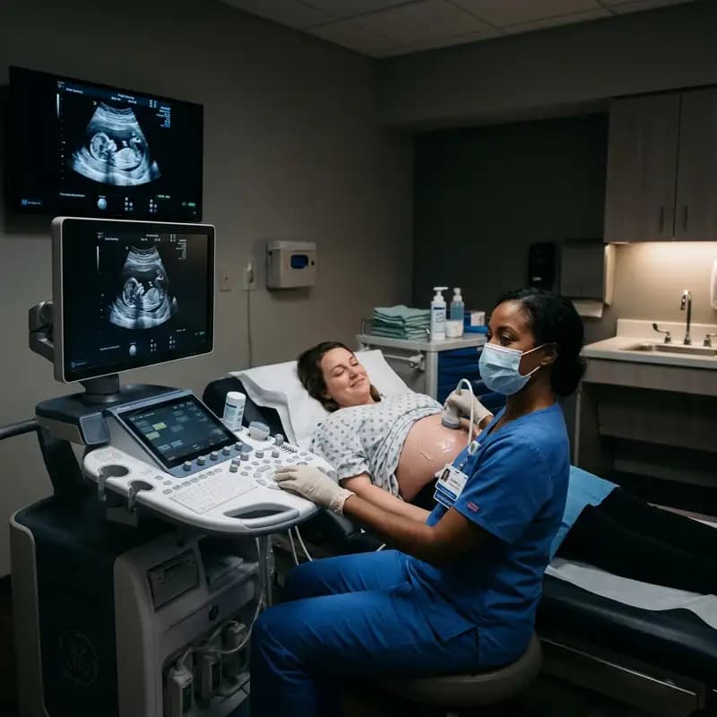 Travel sonographer performing ultrasound exam in New York